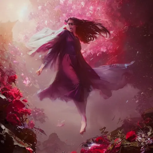 Prompt: scarlet witch in a swirling sundress of flowers, floral explosion, radiant light, vortex of plum petals, oil painting, Tooth Wu, Greg Rutkowski, RPG portrait, dynamic lighting, fantasy art, High contrast, depth of field