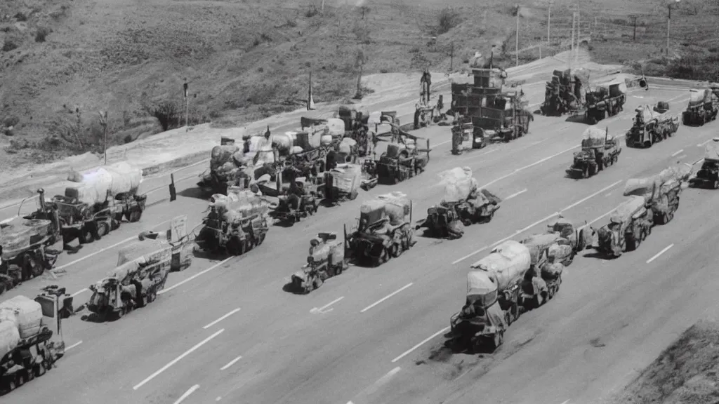 Prompt: a historic photo of a drone shot of a man holding grocery bags on both hands, standing in front of five tanks lined up approaching him on the highway