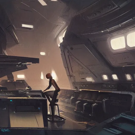 Image similar to concept art by greg rutkowski, a very tall, and slender woman with blond hair, sitting with the crew in the ship's flight deck, brutalist futuristic interior, dark lighting atmosphere, detailed portraits, nostalgic atmosphere, scifi, digital painting, artstation, concept art, smooth, sharp foccus ilustration, artstation hq