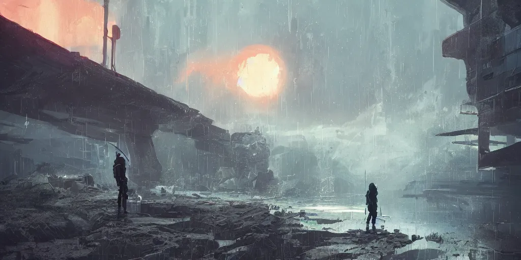 Image similar to scifi soldier with wolf head in heavy armor, forbidden west, liminal space around, puddles of water, by simon stalenhag, by ian pesty and alena aenami and makoto shinkai, concept art, matte painting, washed colors,