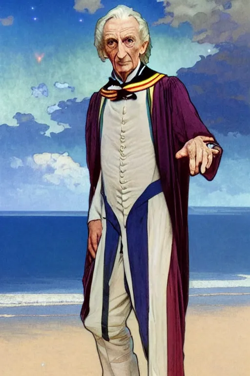 Image similar to the first doctor, william hartnel on a beach, wearing a blue shirt with horizontal rainbow stripe, the ocean in the background, swirling colourful stars in the background, art by artgerm and greg rutkowski and alphonse mucha