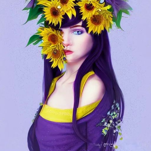 Image similar to a beautiful stunning matte digital portrait illustration of a blue-eyed woman with freckles and violet hair wearing a yellow sunflower crown, in the style of Ross Tran, art nouveau, trending on artstation, contest winner