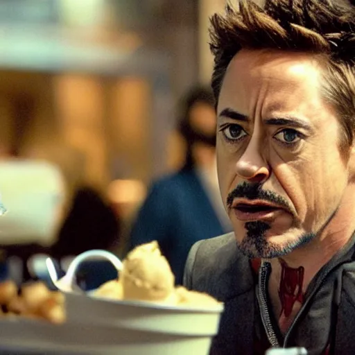 Image similar to a full portrait photo of robert downey jr eating ice cream in movie iron man, f / 2 2, 3 5 mm, 2 7 0 0 k, lighting, perfect faces, award winning photography.