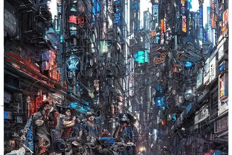 Image similar to a cyberpunk gang in the alleyway of a lofty city, gritty, cyberpunk ads, piping, cables, art deco architecture, graffiti, fine detail, intricate, polished, blue color scheme, digital art, illustration, by john smith and noriyoshi ohrai and tsutomu nihei