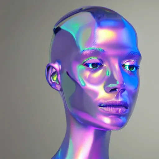 Image similar to 3d render of holographic human robotic head made of glossy iridescent, surrealistic 3d illustration of a human face non-binary, non binary model, 3d model human, cryengine, made of holographic texture, holographic material, holographic rainbow, concept of cyborg and artificial intelligence