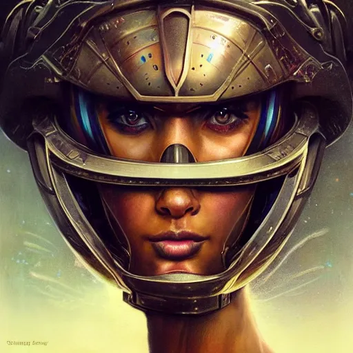 Prompt: retro futuristic female soldier with open helmet in armour, face portrait, highly detailed, fractals, ornate, cinematic, 8k, by Stanley Artgermm, Tom Bagshaw, Greg Rutkowski, Vincent di Fate, Carne Griffiths, Ayami Kojima, trending on DeviantArt, hyper detailed, full of color, digital art,