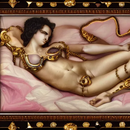 Prompt: half female laid down with visible gems inlaid in skin with anatomic description with gothical frame, classical style, skeleton, gems, cameo, gold, 8k, details, studio lighting, realism, complex lights