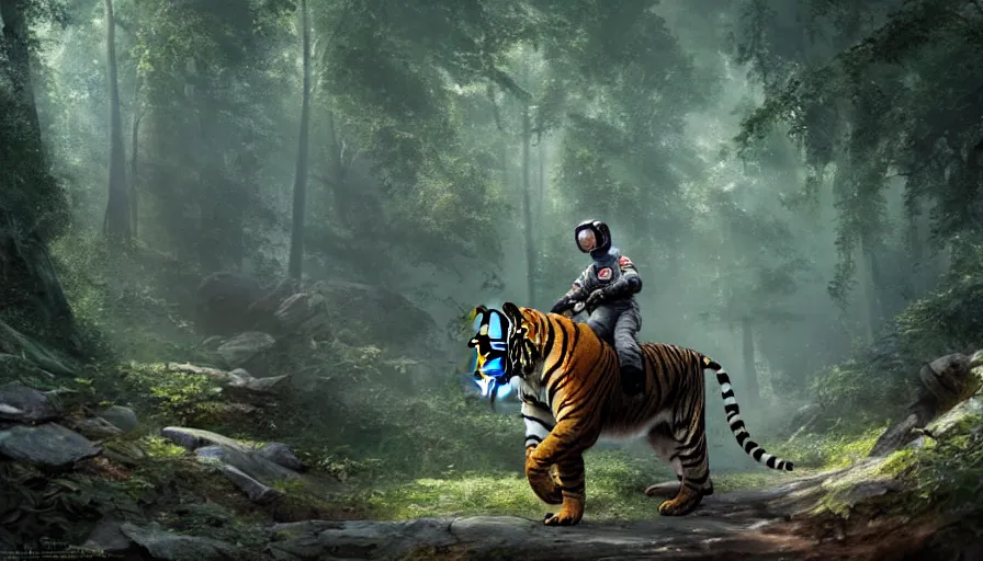 Image similar to american astronaut in the forest riding a bengal tiger, plants environment, wide angle, cinematic lighting, atmospheric, ultrarealistic, trending on artstation, cgsociety, highly detailed, color graded, in the style of craig mullins, rendered in Unreal Engine 4k HQ, shadow of the tomb rider