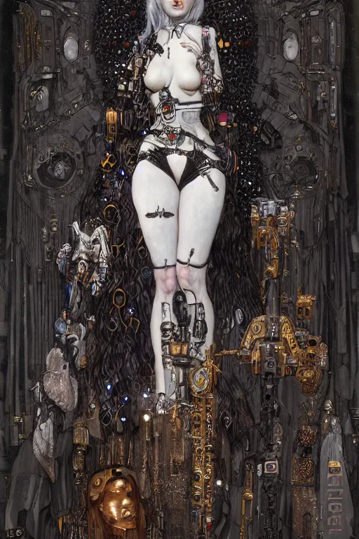 Prompt: beautiful young gothic maiden, cyberpunk, Warhammer, highly detailed, artstation, illustration, art by Gustav Klimt