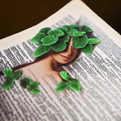 Prompt: “ very photorealistic photo of vines growing out of a woman ’ s book as she sleeps, award - winning details ”