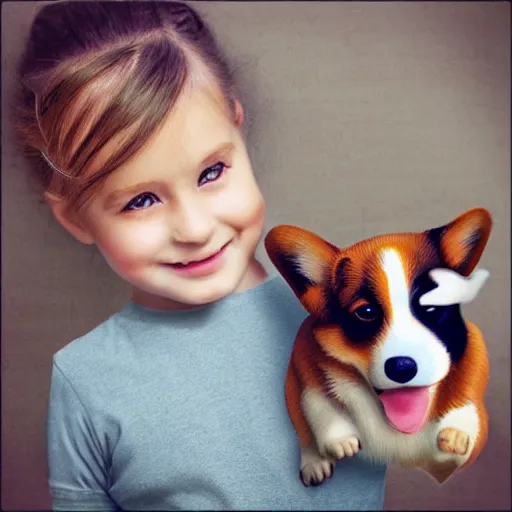 Image similar to “little girl holding a corgi puppy photorealistic hd”