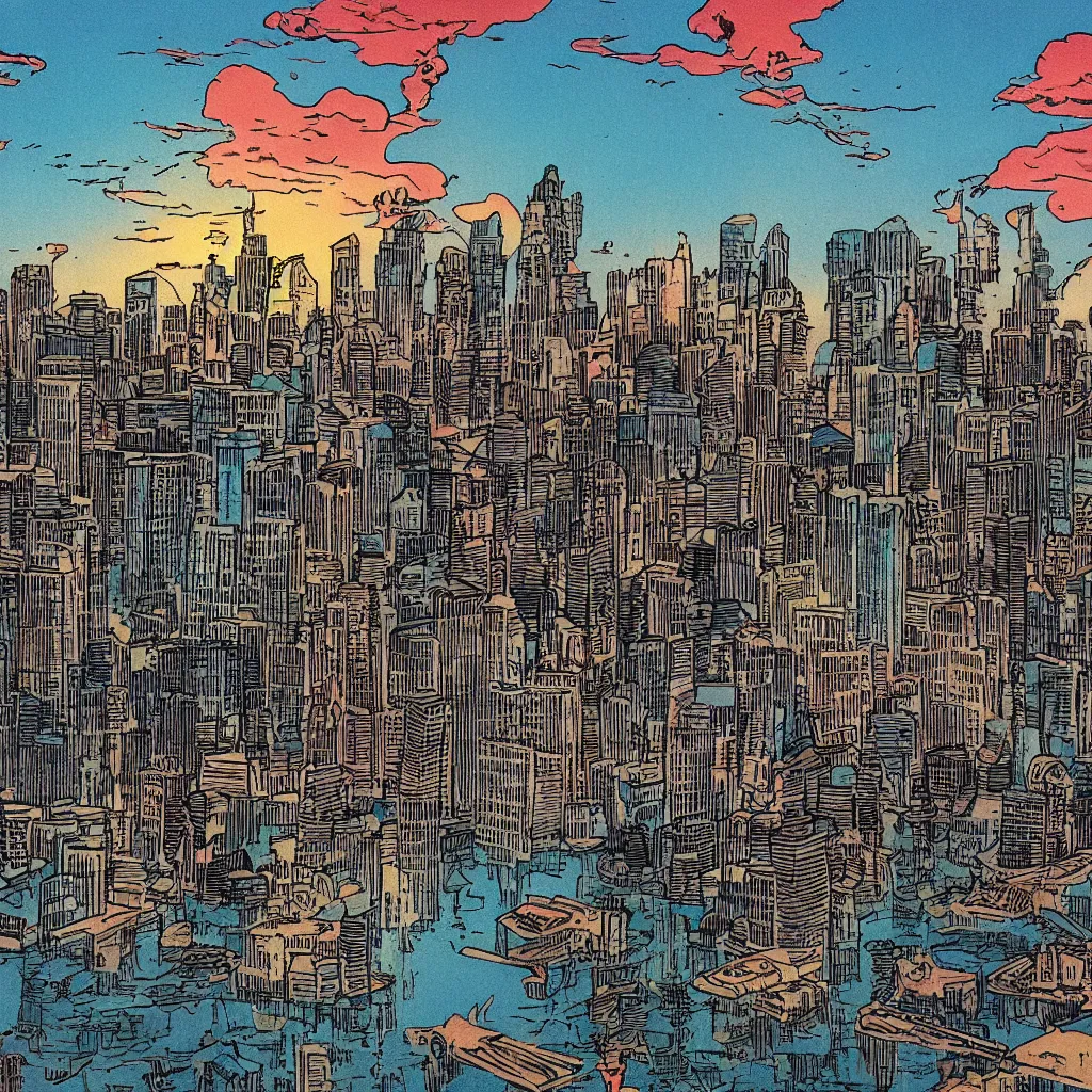 Prompt: city skyline over a polluted lake, clouds, sunrise, 1 9 8 0 comic book