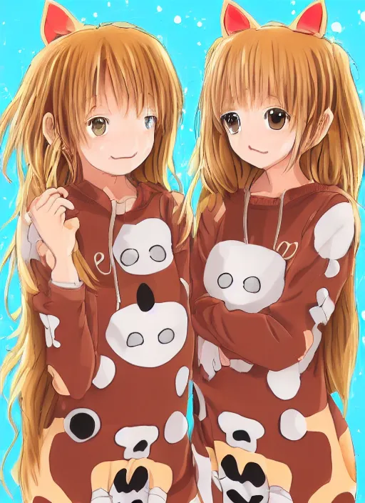 Image similar to highly detailed portrait of one blonde and one brown haired anime girl in animal themed onesies pressed against each other looking at us, detailed eyes, happy, excited, digital art, cute, anime, detailed faces, well drawn faces, cute faces, hand drawn, 8 k, trending on artstation, detailed eyes, official media, by hayao miyazaki