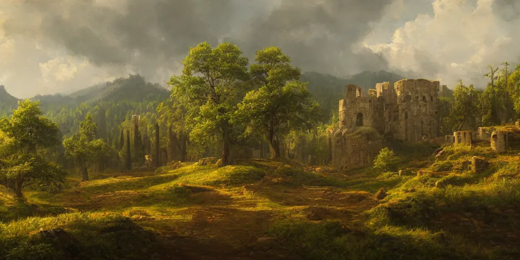 Prompt: landscape of a large fortress in a pine forest, well lit, detailed, cinematic lighting, oil painting