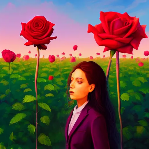 Image similar to closeup, gigantic rose flower head, frontal, girl in a suit, surreal photography, sunrise, blue sky, dramatic light, impressionist painting, digital painting, artstation, simon stalenhag