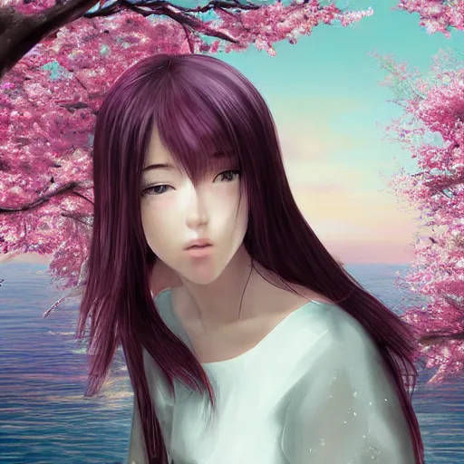 Image similar to Soft blur, digital art, anime, advanced digital art, girl sitting at the edge of a cliff overlooking a lake filled with sakura petals, light reflected on her face in the style of pixivs. —W 1024 —H 1024