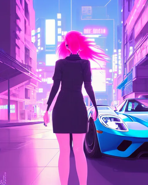 Image similar to digital illustration of cyberpunk pretty girl with pink hair, standing by a blue ford gt in a street at night, under streetlights, by makoto shinkai, ilya kuvshinov, lois van baarle, rossdraws, basquiat