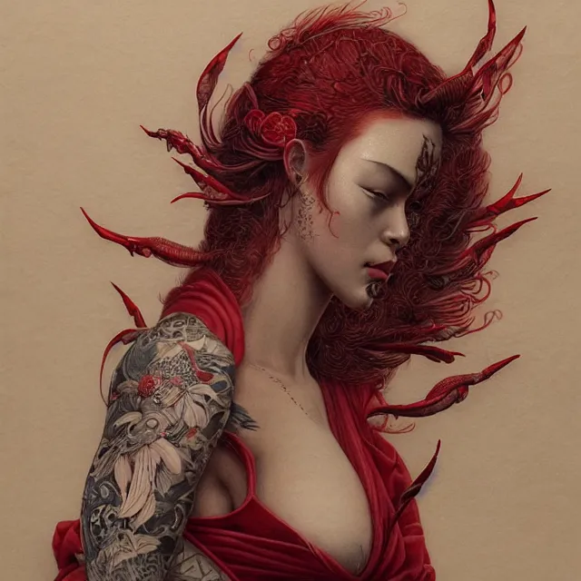 Image similar to ultra realistic illustration, beautiful woman dressed in red kimono, backview, tattoos, in the style of gerald brom by weta digital and beth cavener, high face symmetry, intricate, masterpiece, award winning, high face symmetry, intricate