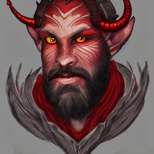 Image similar to dnd style portrait of a tiefling, male, red scales, red skin, a big black beard, completely golden eyes, 2 black ram horns growing out of his forehead,