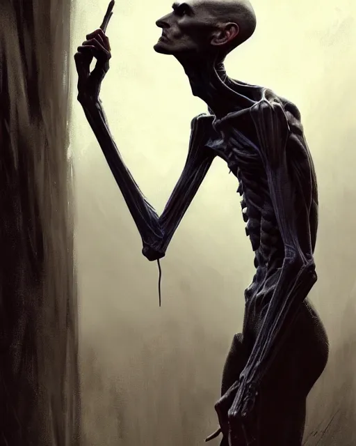 Image similar to epic portrait cinematic shot an skinny tall creature with long arms, long neck, bald, covered in dark substance, fine details. night setting. realistic shaded lighting poster by craig mullism, artgerm, jeremy lipkin and michael garmash, unreal engine, radiant light, detailed and intricate environment, digital art, trending on art station,