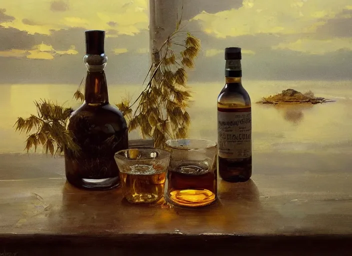 Image similar to oil painting of barley grains, plants and whiskey bottle, art by anders zorn, wonderful masterpiece by greg rutkowski, beautiful cinematic light, american romanticism by greg manchess, creation by tyler edlin