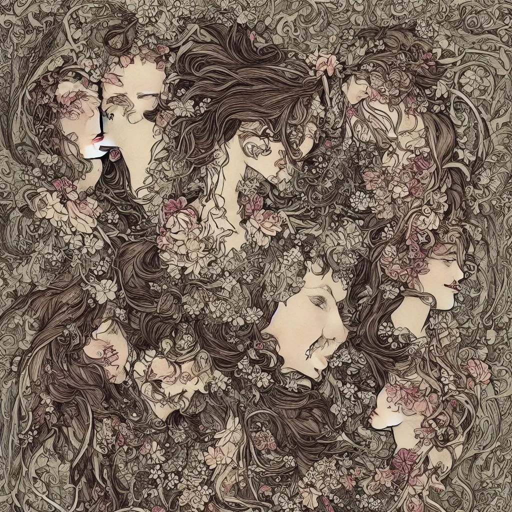 Image similar to a couple in love. she has dark wavy hair. he is bald. in the style of art nouveau. floral. hyper detailed. intricate. beautiful.