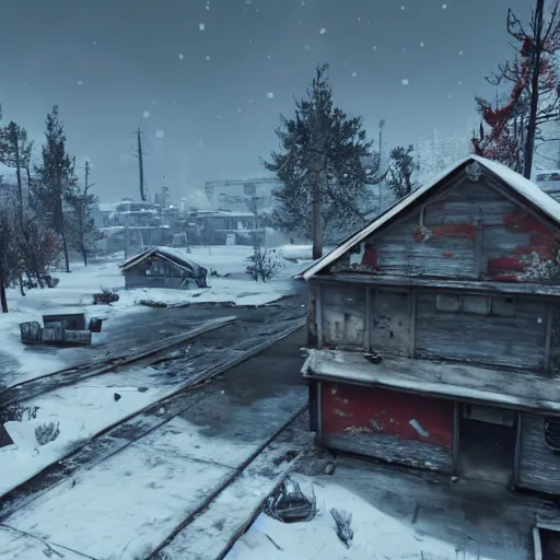 Prompt: Lapland in winter in ruins post-nuclear war in Fallout 4, in game screenshot