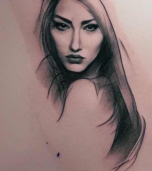 Image similar to tattoo design sketch of a beautiful woman face with a stunning mountains faded background on her side, hyper - realistic, double exposure, in the style of matteo pasqualin, amazing detail, black and white, faded