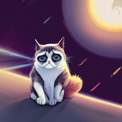 Image similar to concept art of grumpy cat's adventures in space, digital painting, trending on artstation, 4 k resolution, highly detailed