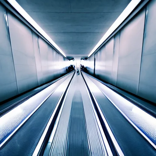 Image similar to approaching futuristic escalator inside white back glossy lit tube with streaming beams of light, building anticipation, scintillating, dichroic, movement, pastel gradients, 8 k, highly detailed, professional photograph, epic composition, modern details