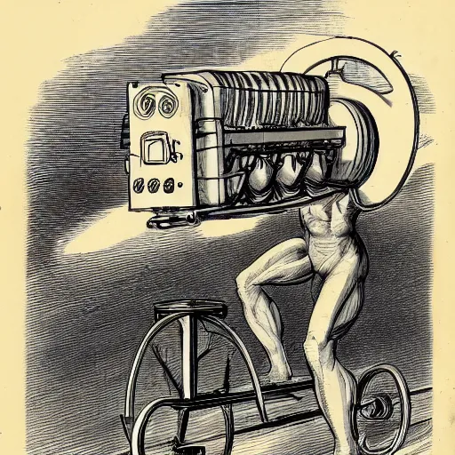 Image similar to a muscular bald man carrying engines on his back, technical diagram, diesel engine, gasoline engine, combustion engine