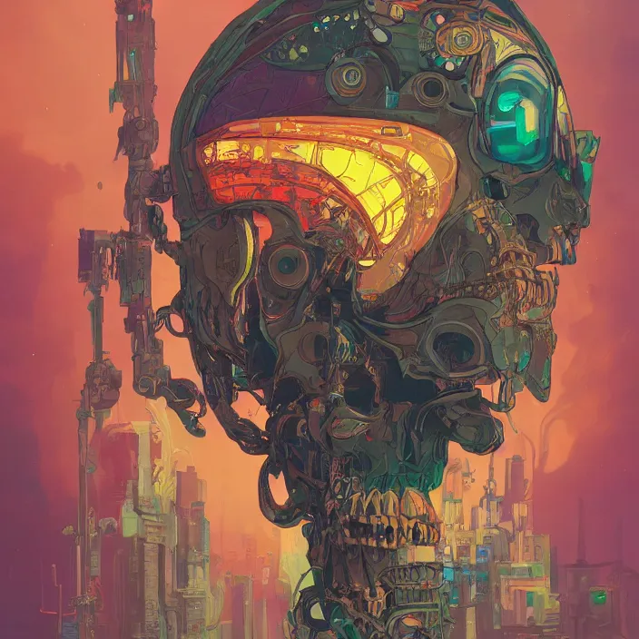 Image similar to a beautiful painting of a cyberpunk skull by simon stalenhag and pascal blanche and alphonse mucha. in style of digital art. colorful comic, film noir, symmetry, hyper detailed. octane render. trending on artstation