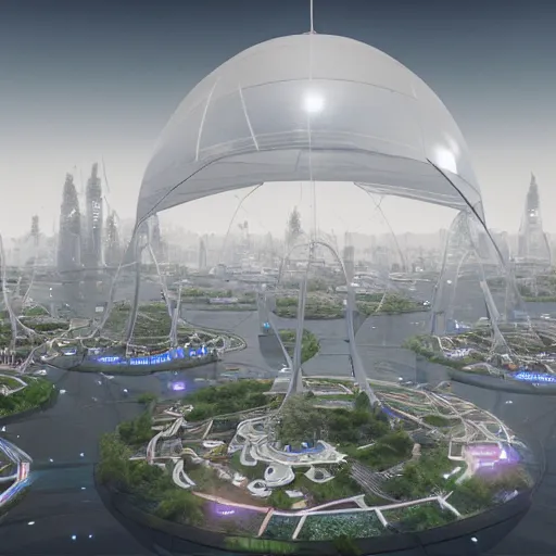 Prompt: a highly detailed 3D octane render of a futuristic dome city floating in the clouds, floating arcology city, inspired by Buckminster Fuller’s circular city project and Cloud City, trending on artstation, unreal engine, hyperrealistic, photorealistic