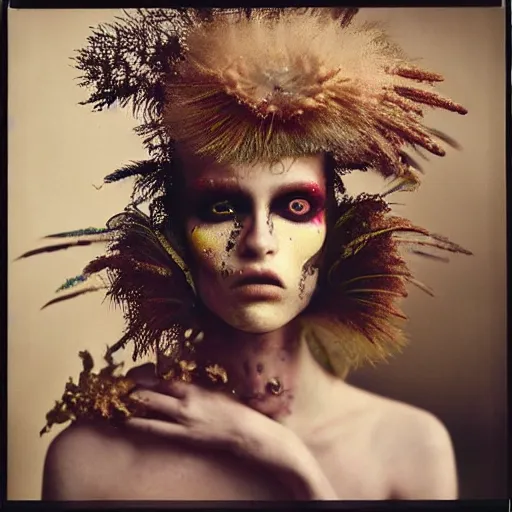 Prompt: kodak portra 4 0 0, wetplate, photo of a surreal artsy dream scene,, weird fashion, in the nature, highly detailed face, very beautiful model, portrait, close up, expressive eyes, extravagant dress, carneval, animal, wtf, photographed by paolo roversi style and julia hetta, 8 k resolution