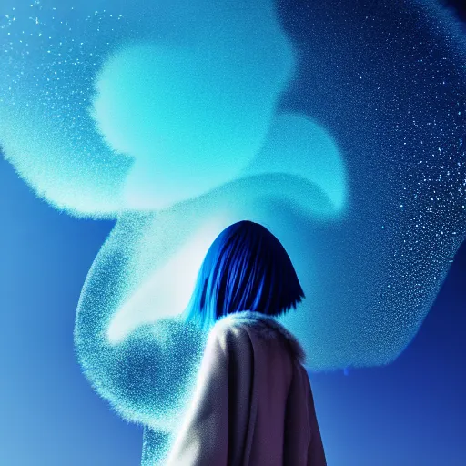 Image similar to blue sparks and bubbles flitting around a flying anime girl with long sky blue hair, low - angle shot from behind, blue coat, fur scarf, ultra fine detail, dark theme, realistic painting, photography, psychedelic, film still, cinematic, long exposure, wlop, ilya kuvshinov, ismail inceoglu,