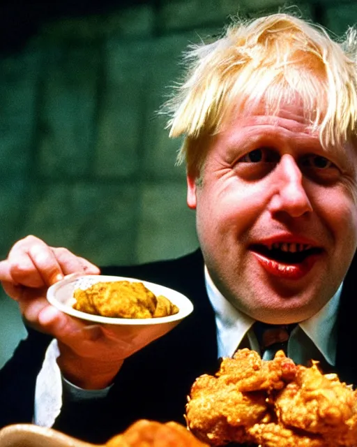 Image similar to film still close - up shot of boris johnson eating fried chicken from the movie monty python's the meaning of life. photographic, photography