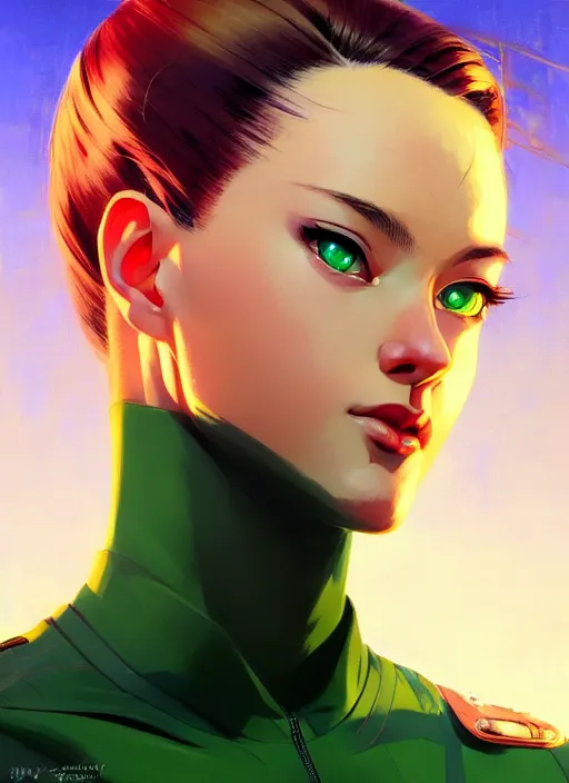 Image similar to a comic portrait of cammy, fine - face, realistic shaded perfect face, fine details. green - ish cosmic setting. very anime style. realistic shaded lighting poster by ilya kuvshinov katsuhiro, magali villeneuve, artgerm, jeremy lipkin and michael garmash, rob rey and kentaro miura style, trending on art station