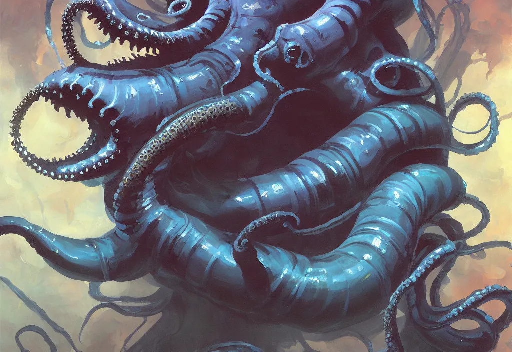 Prompt: Underwater Tentacle Pandomonium;Art by Greg Manchess, Art Direction by Jeremy Jarvis; painting spiraling inward; Deep sea horror; gallery painting; teeth and eyes; illustration