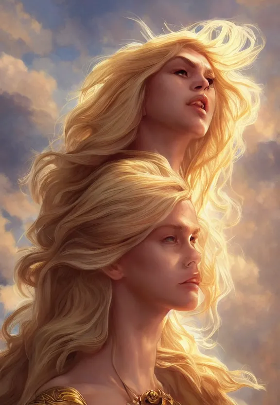 Prompt: A beautiful fierce blonde-haired Circe, posing heroically, heavenly sunlit clouds background, close-up shot, elegant, digital painting, golden hour, cinematic, epic, trending on artstation, concept art, smooth, sharp focus, illustration, art by artgerm and Greg Rutkowski and Alphonse Mucha