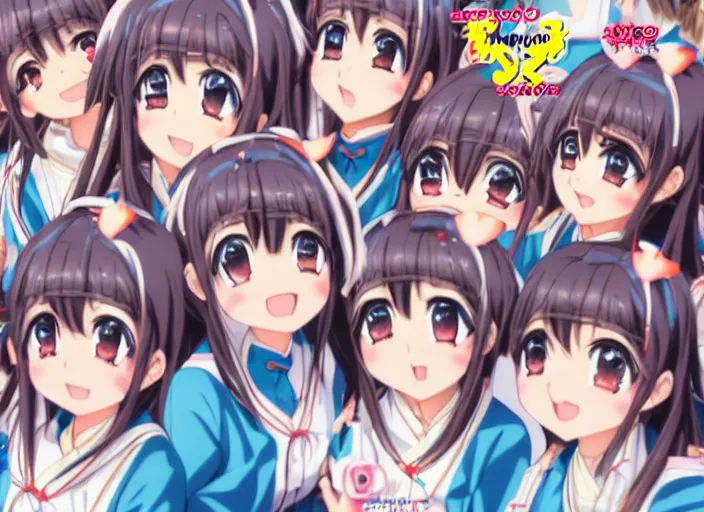 Image similar to moe anisong album ; weekly shonen jump issue 1 4, cover, 2 0 0 0 clannad shuffle toheart event'anime pattern of illustration japanese very very beautiful cute girls doing cute things trending on artstation pixiv makoto shinkai smiling super detailed eyes eyebrowless symmetry face visual novel hairpin star