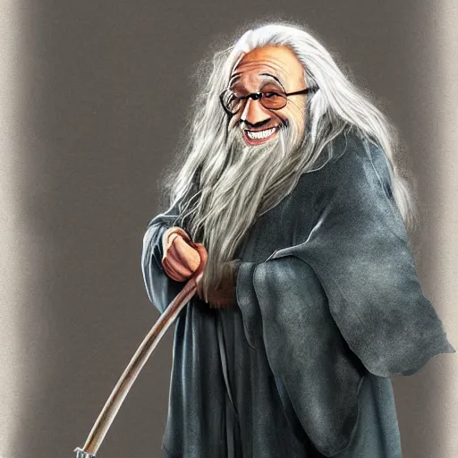 Prompt: danny devito as gandalf, deviantart, smile, ultra realistic illustration, final fantasy, high quality, full color, full body