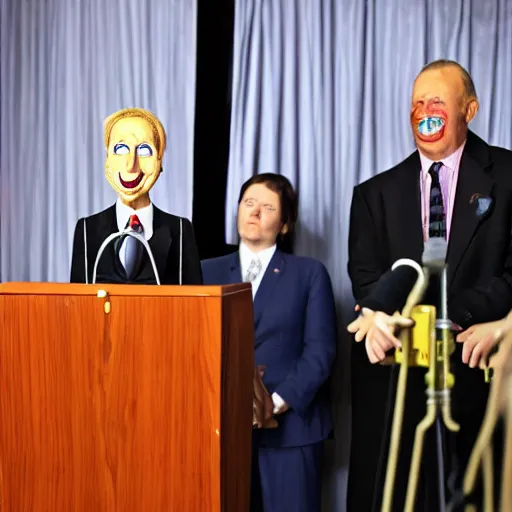 Prompt: president marionette that looks like a puppeteer in a podium giving a press conference