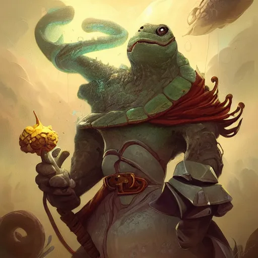 Prompt: anthropomorphic turtle hero by peter mohrbacher