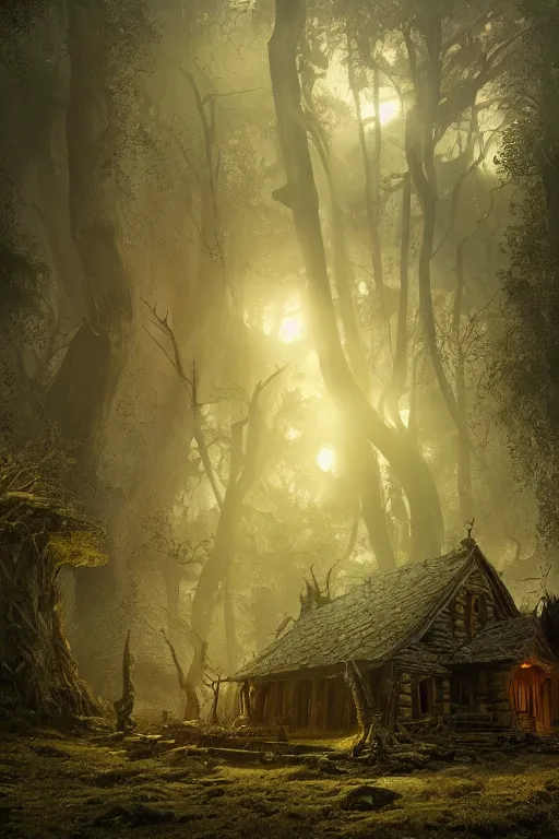 Image similar to the wooden house of a ancient witch in an ancient old forrest, eeire mood, Dynamic lighting, cinematic, establishing shot, extremely high detail, photo realistic, cinematic lighting, , post processed denoised, concept design, concept art, artstation, matte painting, midjourney, style by alex ross, raphael lacoste, eddie mendoza