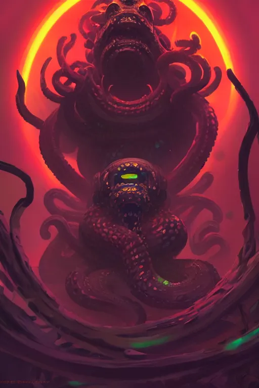 Image similar to Portrait of Black Hole Bodhisattva Kraken in neon forest, digital art from artstation by Andreas Rocha and Greg Rutkowski and Peter Mohrbacher