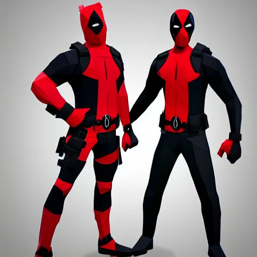 Image similar to the low poly deadpool twins are at a party but no one is dancing, low poly style, video game art, trending on artstation, photograph