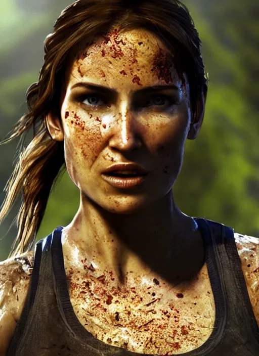 Prompt: a film still of lara croft as cop, her face muddy and sweat, direct sun light, close up potrait, cinematic, subsurface scattering