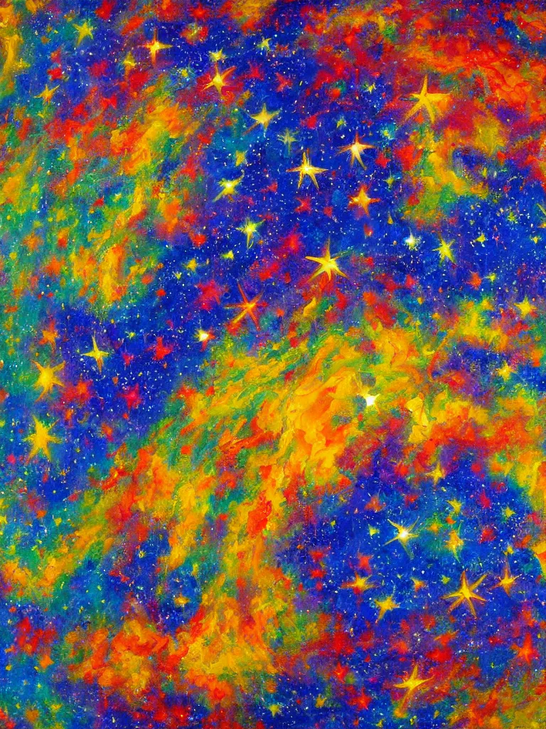Prompt: an impasto oil painting of the universe expanting infinite with bright colors and shooting stars