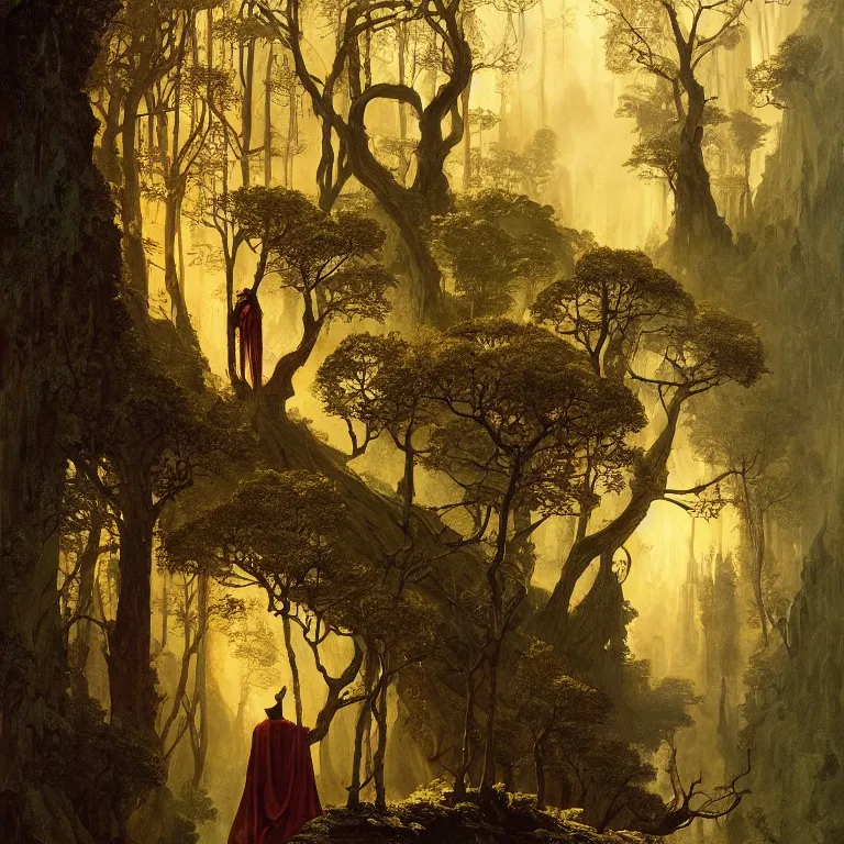 Prompt: a detailed landscape painting inspired by moebius and beksinski of a great forest with path and man with a cape over his head following the path. fantasy poster. cinematic fantasy scene. aurora lighting. fantasy. carl spitzweg. baroque elements. baroque element. intricate artwork by caravaggio. oil painting. award winning. dramatic. trending on artstation. 8 k