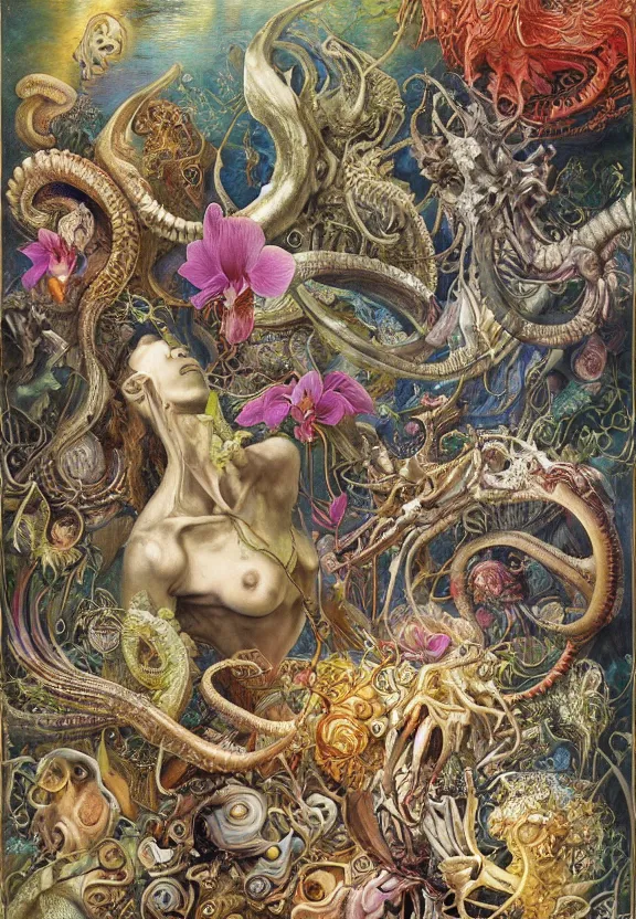 Prompt: simplicity, elegant, colorful muscular eldritch animals and mollusks and bones radiating from fractal, orchids, lilies, flowers, dragonflies, mandalas, by h. r. giger and esao andrews and maria sibylla merian eugene delacroix, gustave dore, thomas moran, pop art, cyberpunk, art nouveau